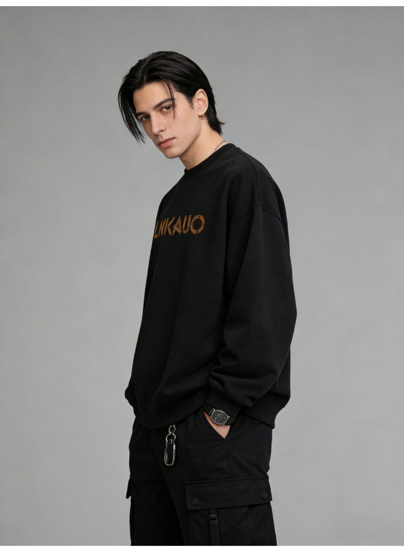 BM INS Black "LNKAUO" Industrial Letter Oversized Crew Neck Sweatshirt | Unisex Pullover With Rivet Detail Print - Image 3